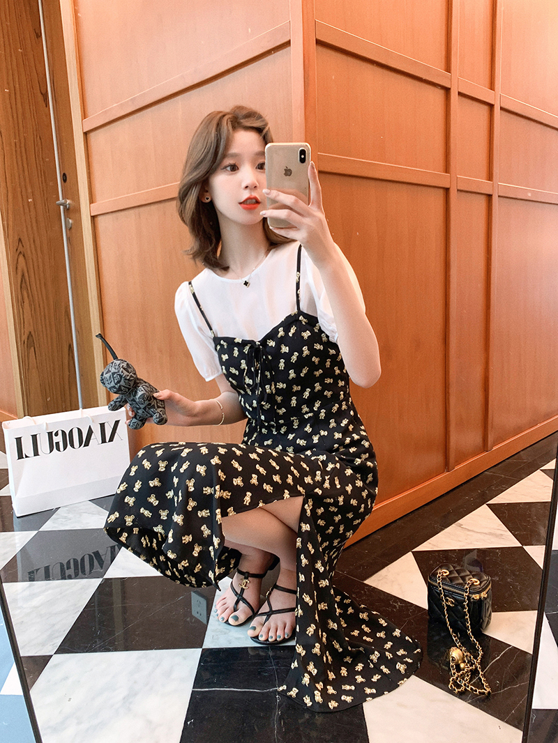 小谷粒吊带连衣裙女2022新款夏季小众设计两件套装小个子碎花裙子