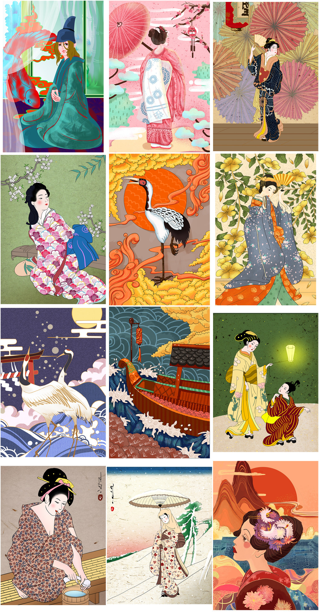 日本和风浮世绘侍女插画装饰图案花纹纹样和服设计素材