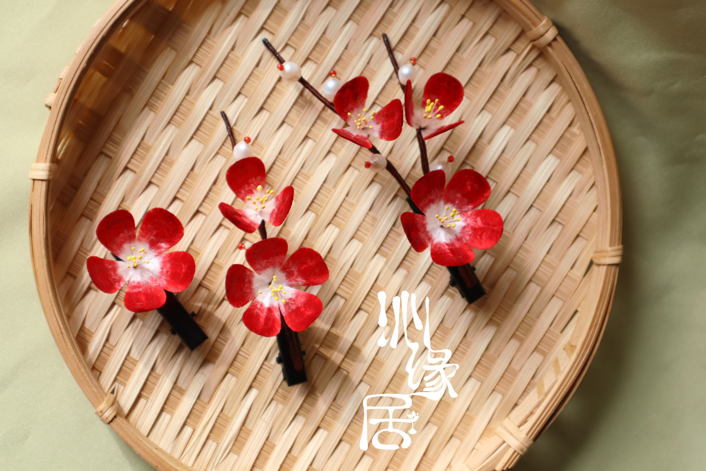 绒花珍珠红梅梅花传统蚕丝非遗汉服发簪发梳其他特色工艺品