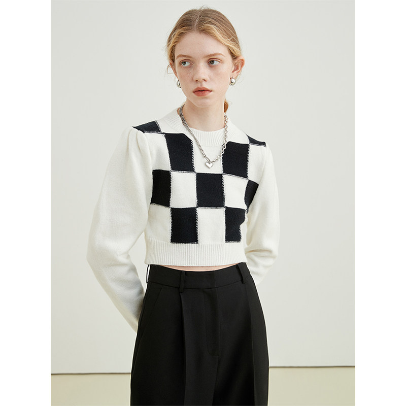 vegachang棋盘格毛衣女春秋款韩版时尚圆领设计感短款针织上衣