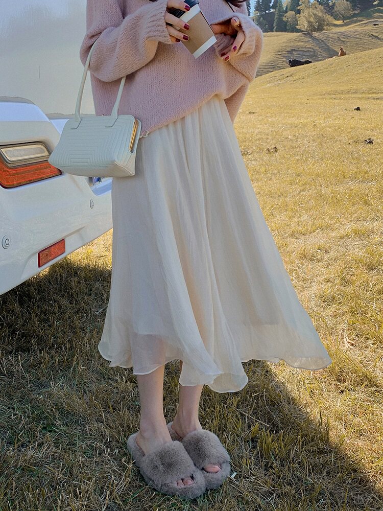 小姐设计仙女秋冬纱裙显瘦小众花栗半身白色半身裙