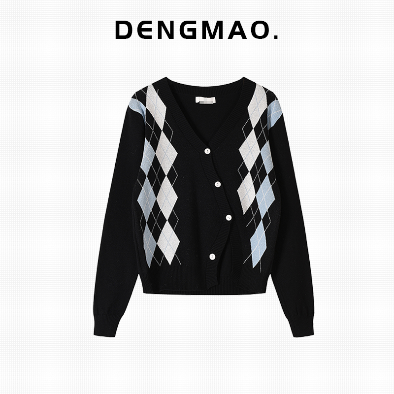 邓毛毛针织衫2022爆款不规则毛衣外套早秋v领短款菱格针织开衫女