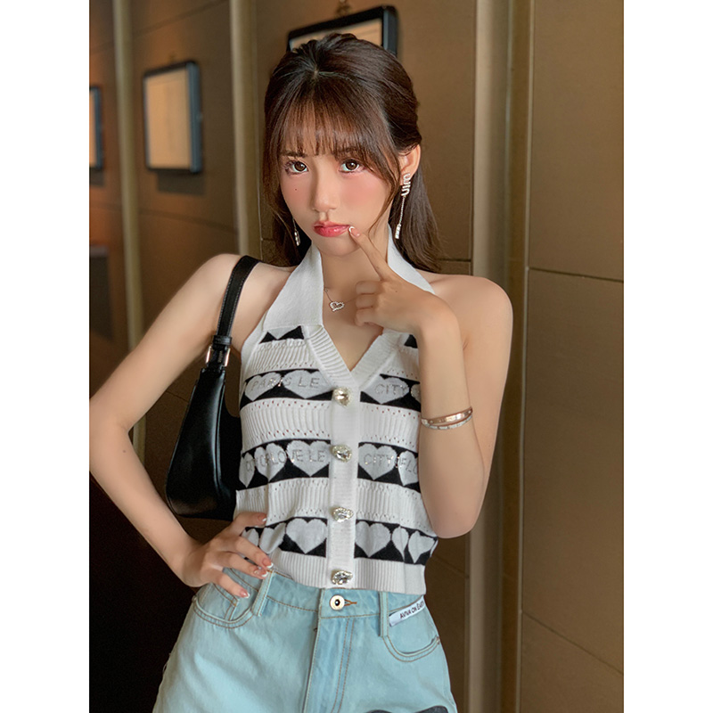 露背设计女夏吊带针织翻领挂脖地球提花爱心背心吊带