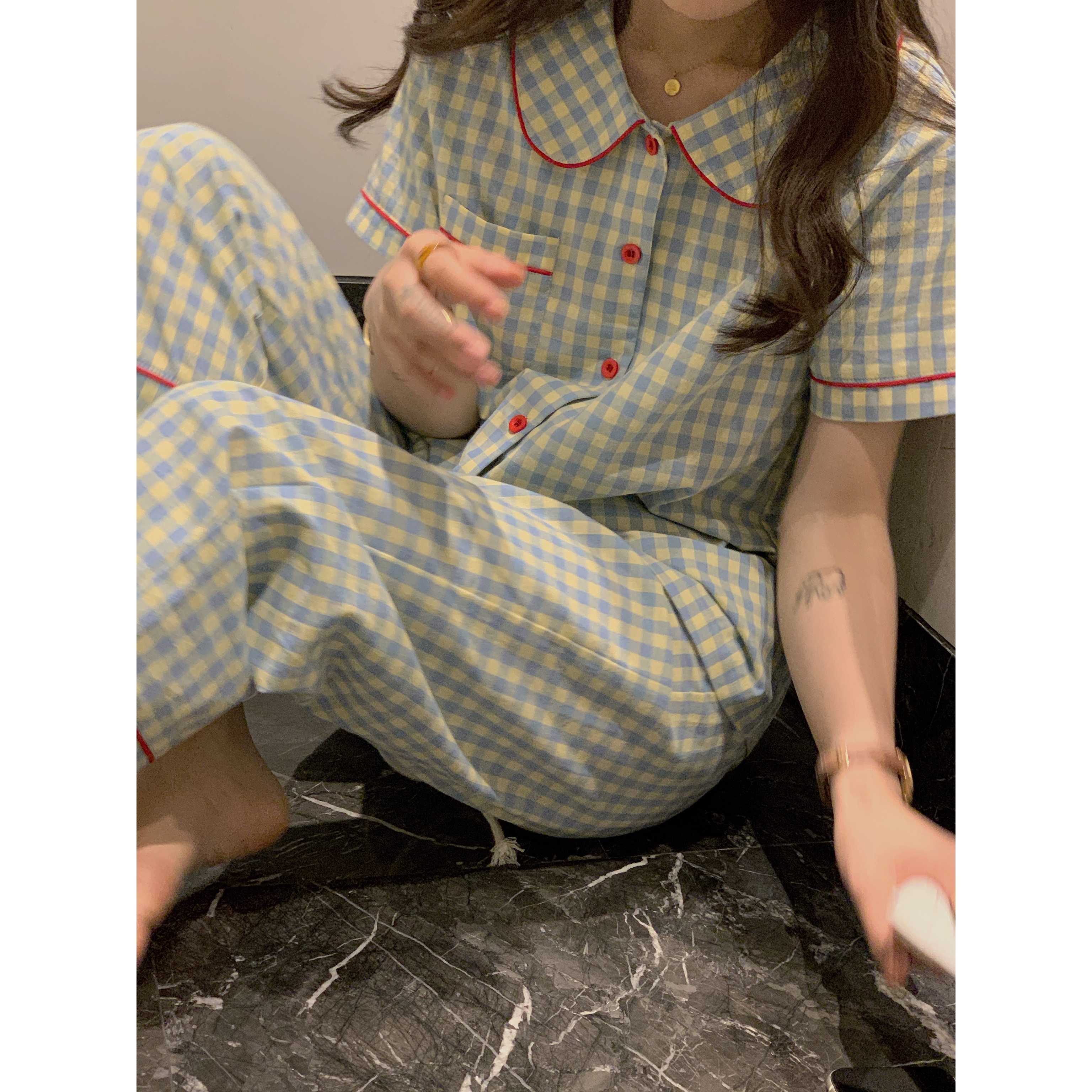 良品小个子疯狂自拍睡衣套装爱心格子家居休闲睡衣