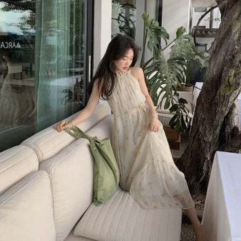 Yisan Liangpin ເສື້ອແຂນຍາວບໍ່ມີແຂນຄໍ floral dress ຂອງແມ່ຍິງວ່າງ A-line