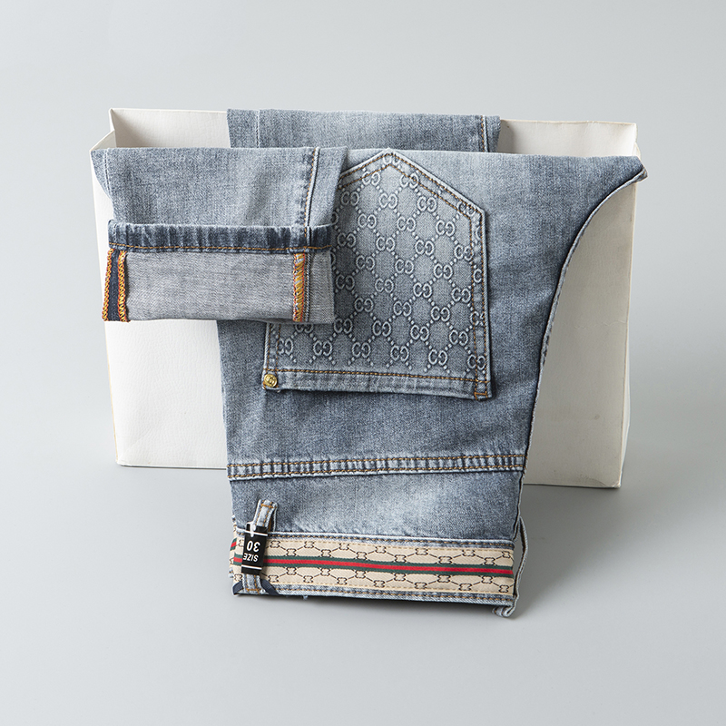 欧洲站时尚男牛仔裤修身弹力水洗浅蓝长裤子春夏薄款韩版潮流小脚