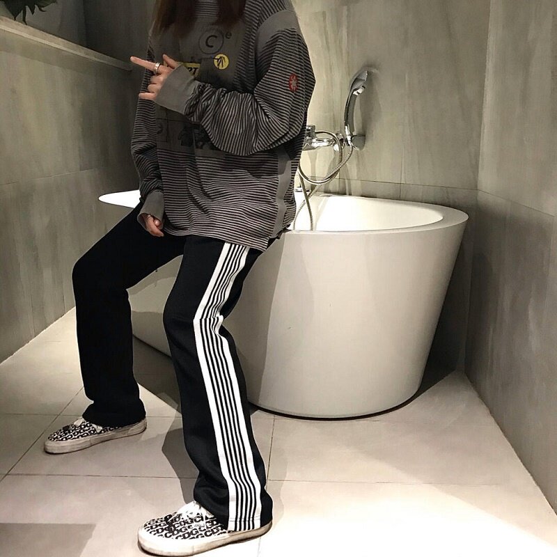 needlestrack蝴蝶黑白条纹小众风格fog高街直宽松休闲裤