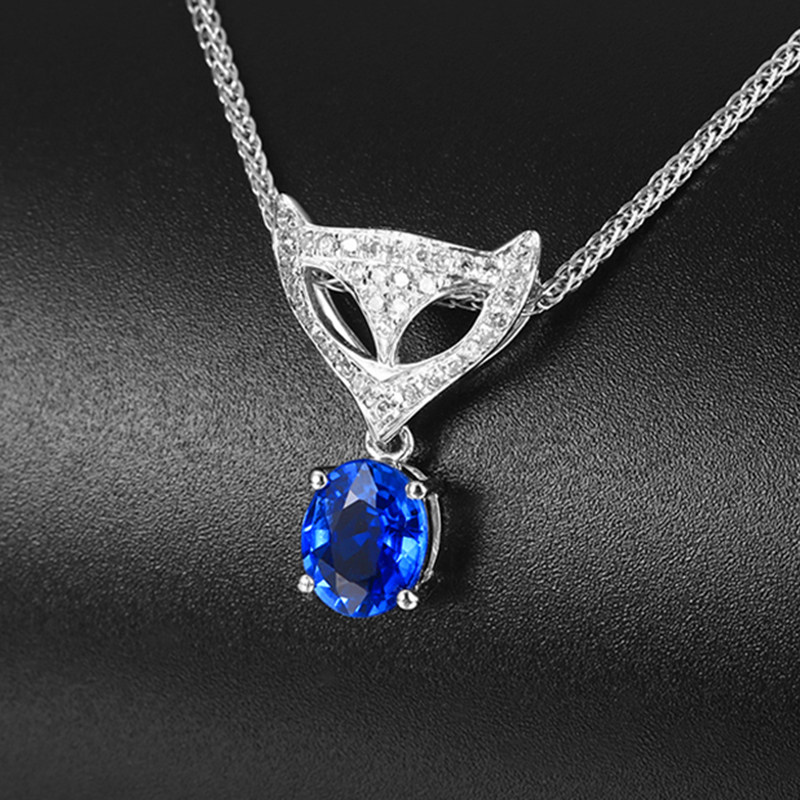 现货一件0.69克拉蓝宝石吊坠简单狐狸头18k金镶钻镶钻颈饰