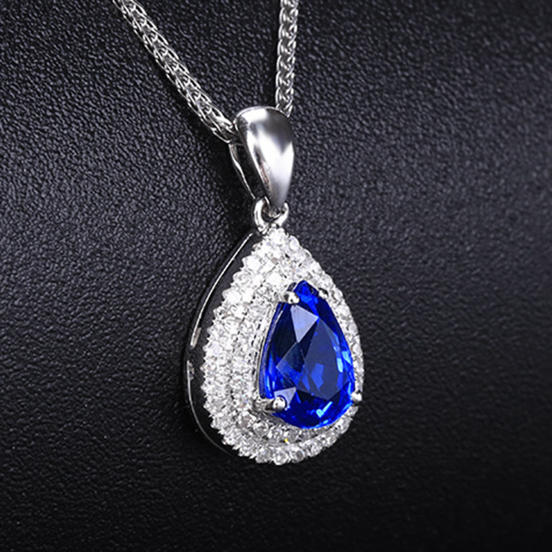 定制1.17克拉蓝宝石吊坠柔情水滴时尚18k金镶钻镶钻颈饰