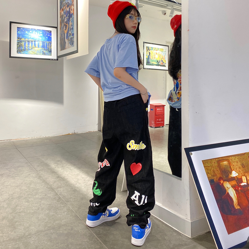 国潮五角星牛仔裤子男夏季薄潮牌美式高街hiphop运动设计感小众裤