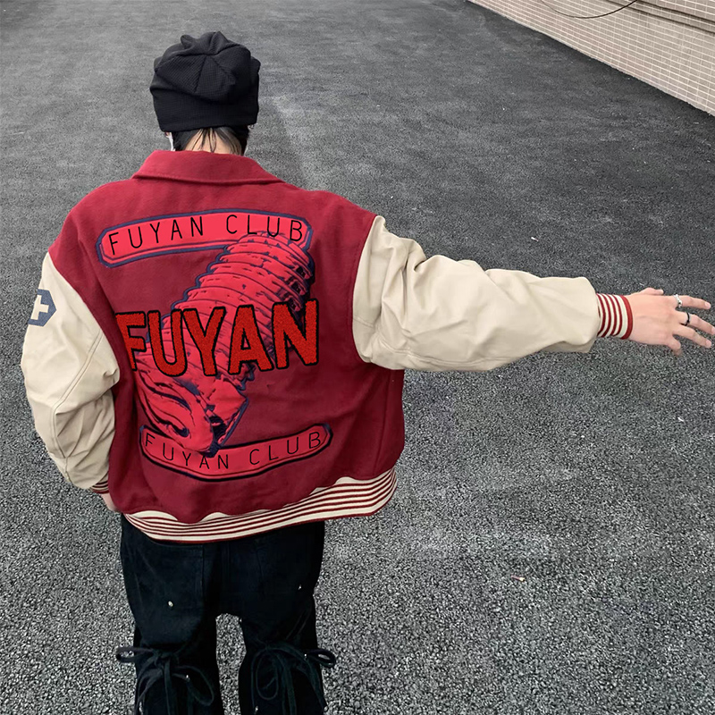 国潮vintage欧美式红色棒球服外套男ins潮早春高街设计感小众夹克