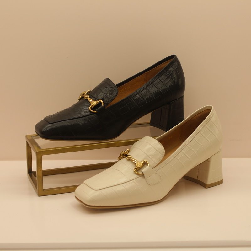 harson哈森女鞋2021新款商场同款方头粗高跟乐福乐福鞋豆豆鞋