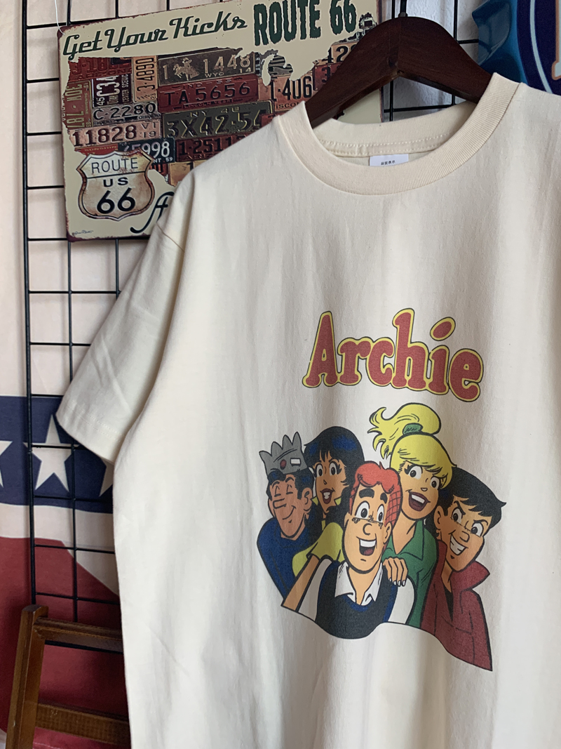 美式复古archie卡通动漫可爱人物图案做旧T恤男女同款纯棉短袖