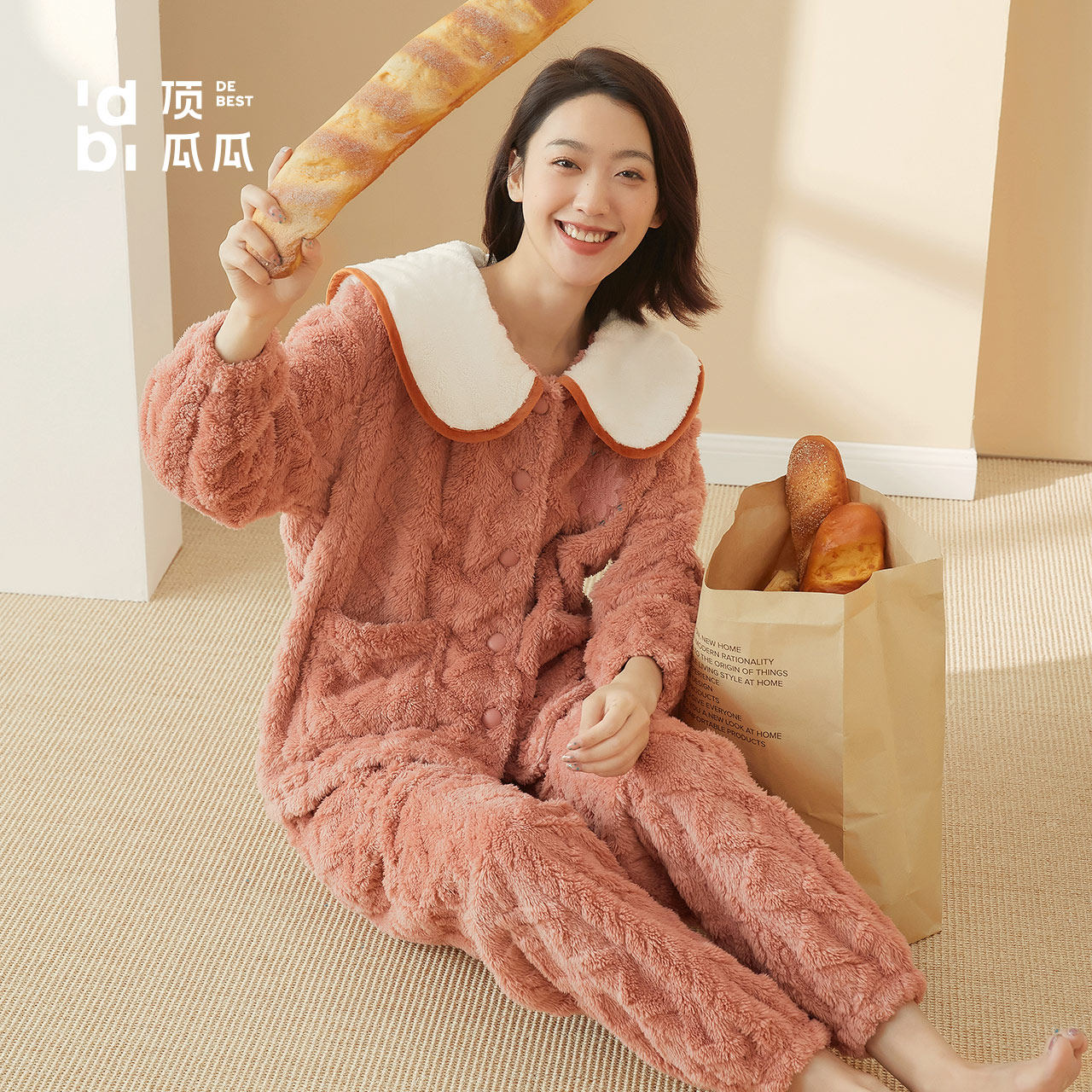 顶瓜瓜顶呱呱官方旗舰店女长毛绒开襟长袖长裤甜美睡衣