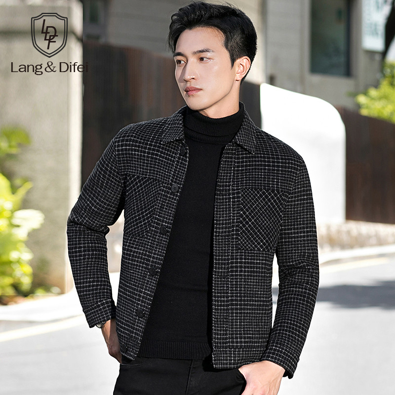 秋冬季男士外套复古千鸟格修身翻领夹克休闲短款双面呢子大衣男潮