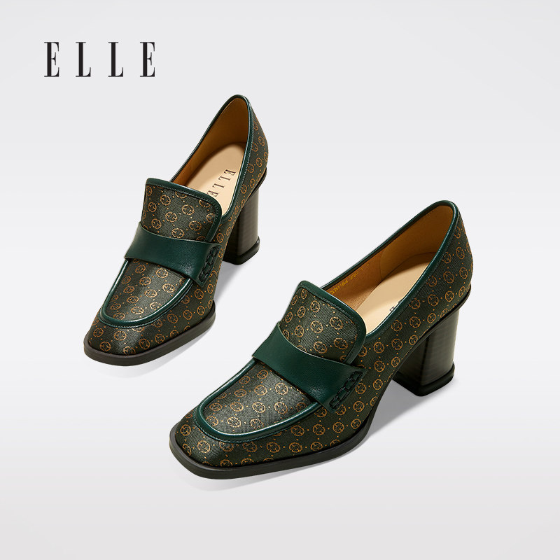 elle气质方头英伦风优雅单鞋女2021年冬季新款复古印花粗跟高跟鞋