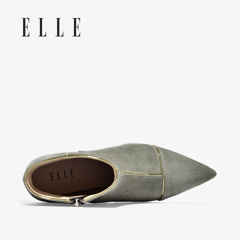 现货elle气质复古时尚尖头高跟鞋女2021冬季新款职场百搭单靴