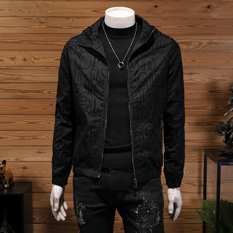 春季植绒黑色连帽衫时尚修身潮流男士夹克薄款帽子外套休闲衣服男