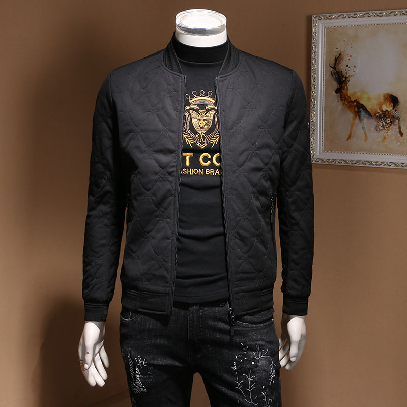 秋冬压皱蚕丝薄棉衣男商务休闲刺绣夹克男成熟男士外套冬季修身潮