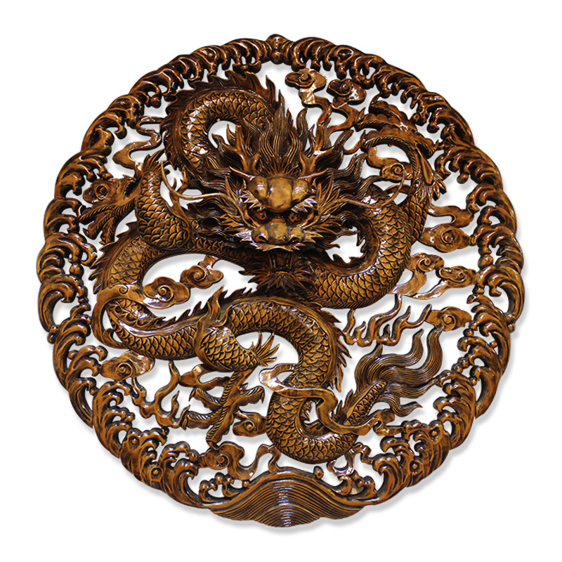 东阳木雕龙盘挂件玄关龙实木背景墙吊顶圆形仿古金龙手工雕刻挂件