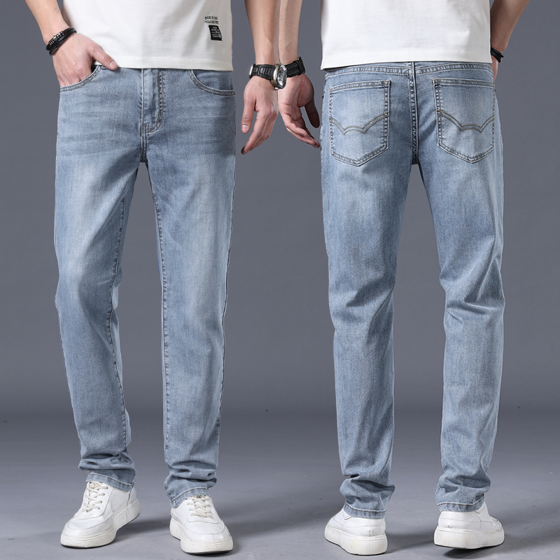 夏季薄款冰丝牛仔裤男潮牌直筒宽松高端休闲浅色男士长裤男款裤子