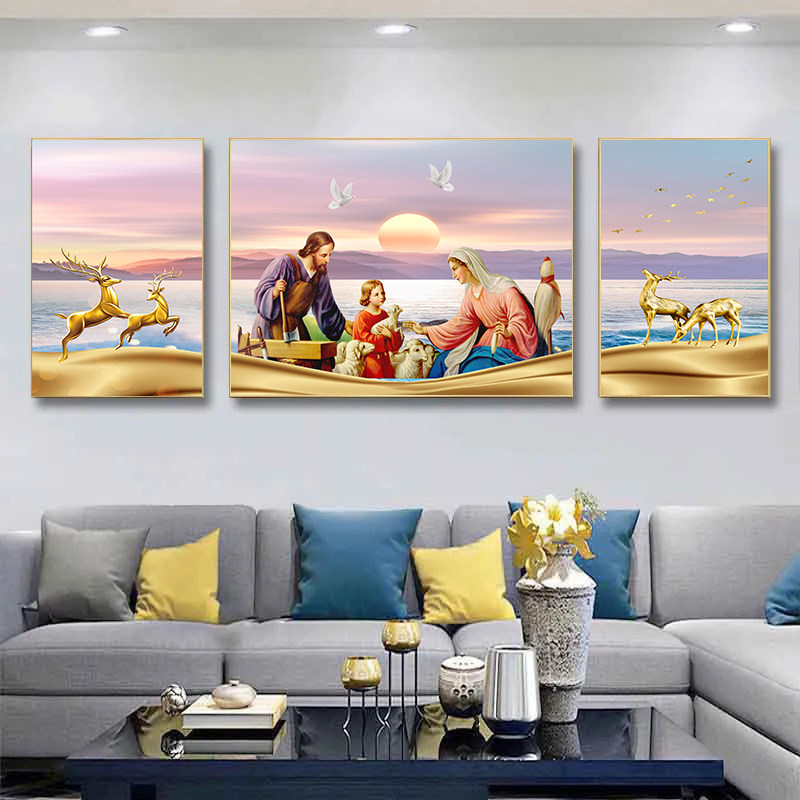 天主教客厅挂画圣家三口三联画北欧风简约小清新现代装饰画