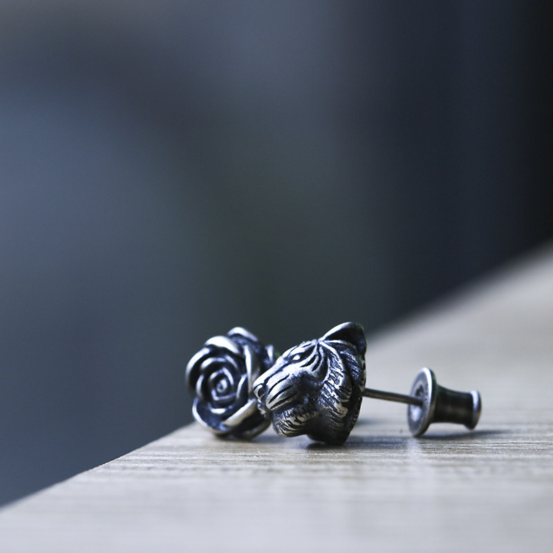 虎嗅情侣耳钉s925纯银复古玫瑰蔷薇女男个性耳钉