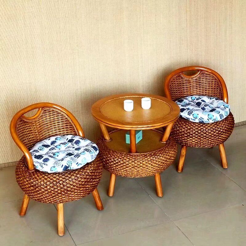 茶桌藤编网红小圆圆桌实木阳台藤椅椅子组合桌椅套件