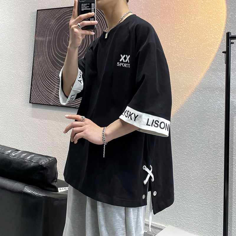 学院风7分袖小众潮牌T恤男国潮oversize情侣短袖开叉不规则设计感