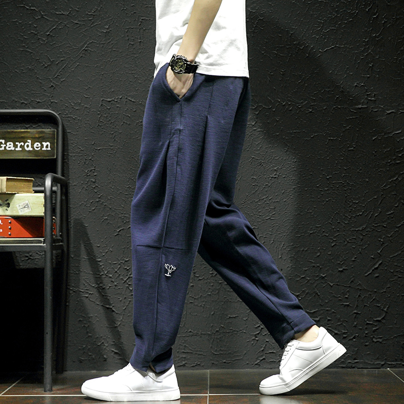 针织卫裤男士韩版潮流胖子日系垂感刺绣休闲大码宽松中国风小脚裤