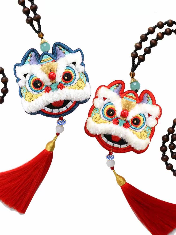 可爱汽车挂饰diy手工醒狮刺绣平安车内挂件车挂