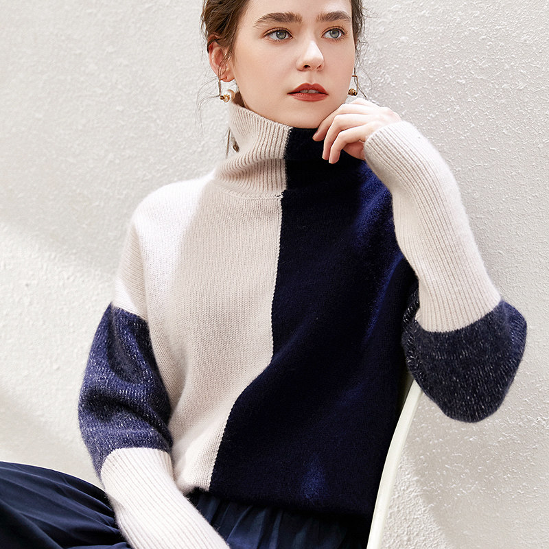 2020秋冬新款高领羊绒衫女拼色针织羊毛衫加厚毛衣毛针织衫