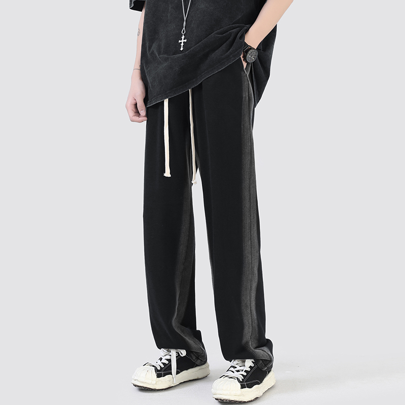美式高街直筒裤子男韩版潮流做旧黑色休闲长裤夏季垂感薄款拖地裤