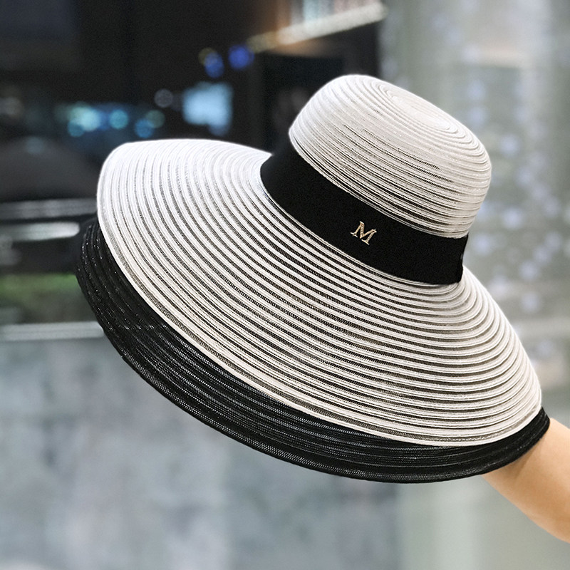 赫本风大檐帽m标亮丝遮阳帽子女时尚洋气夏季沙滩出游防晒太阳帽