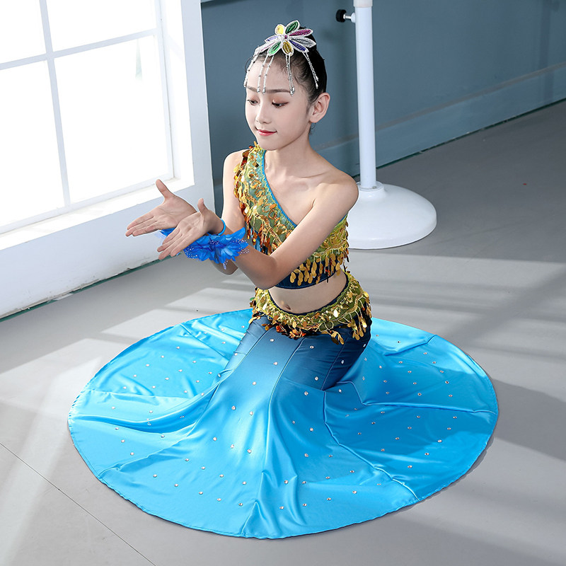 新款 儿童傣族舞蹈演出服女童傣族孔雀舞包臀鱼尾裙少儿民族表演服