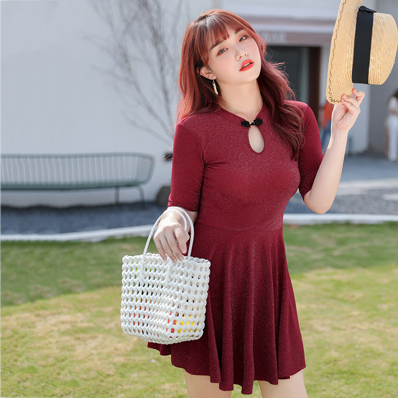 nazal复古旗袍大码泳衣女胖mm遮肚显瘦200斤分体泳衣