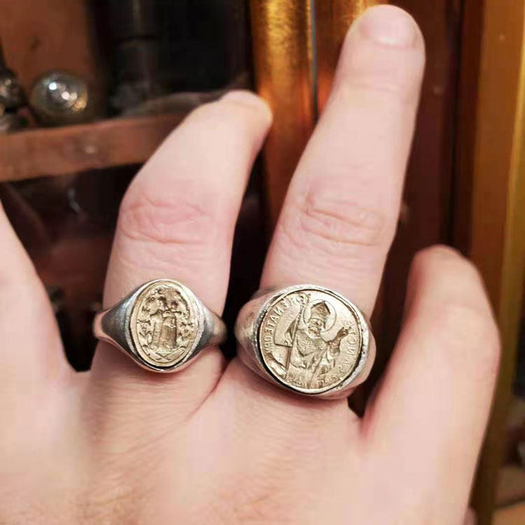 kopometal复古手打古董教皇银牌翻制铜牌戒指戒指