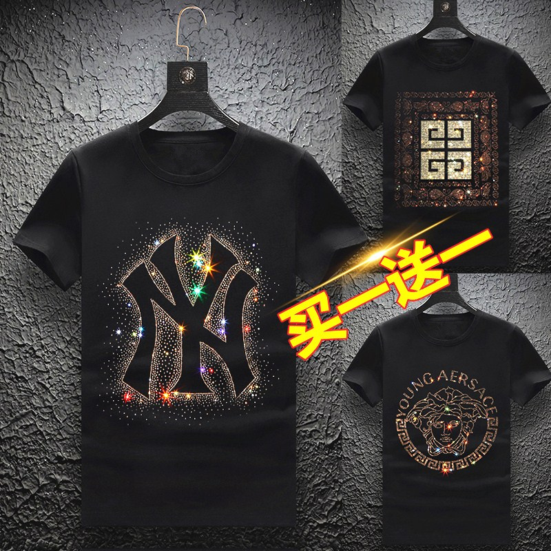 烫钻t恤男夏季韩版潮流潮牌修身半袖社会精神小伙短袖网红同款T恤