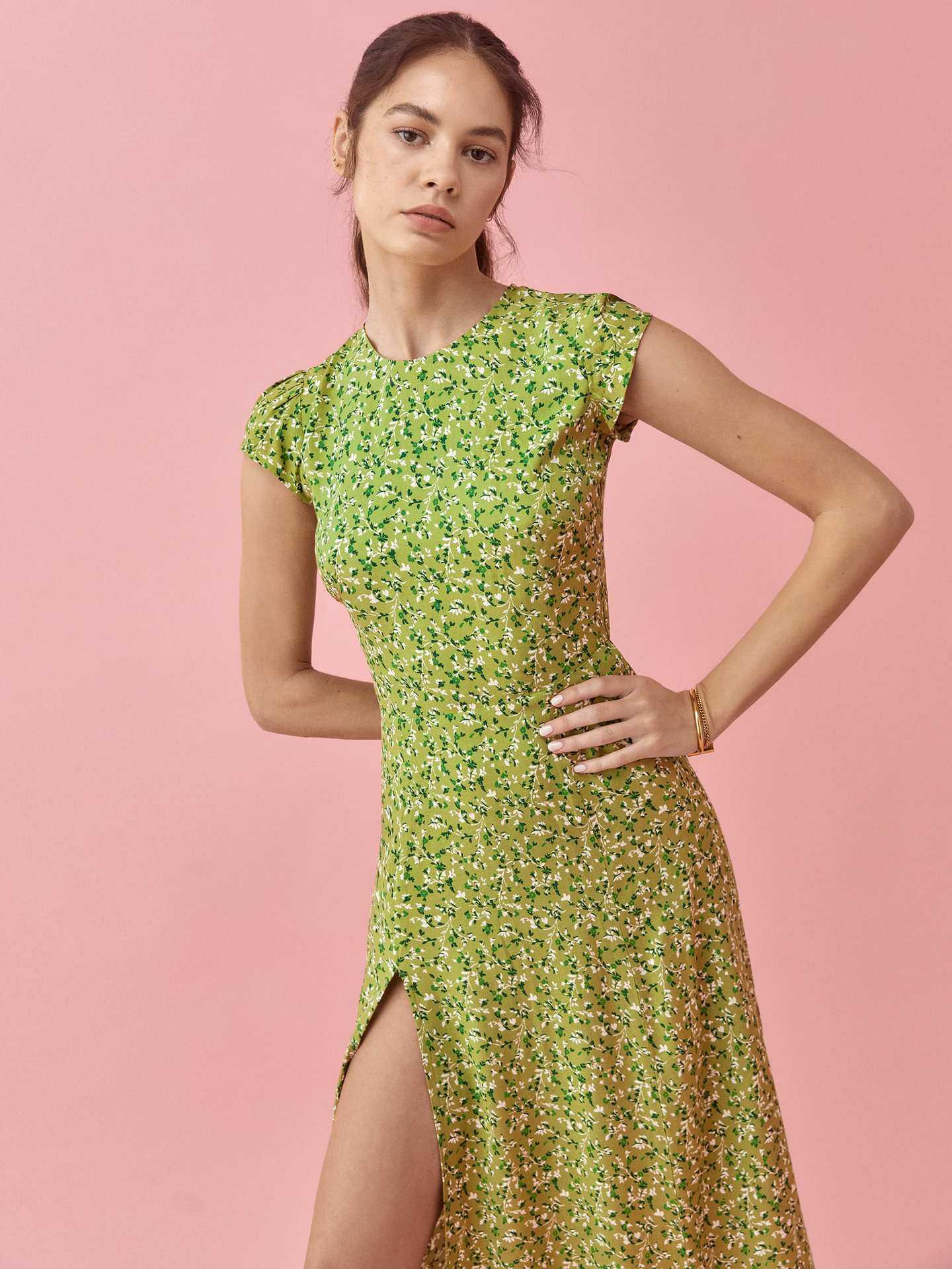 reformation法式复古绿色碎花露背开叉海边沙滩度假连衣裙