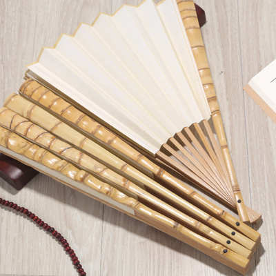 精品9.5寸18方留青罗汉竹折扇文玩折扇苏工素白宣纸扇面 佛肚竹扇