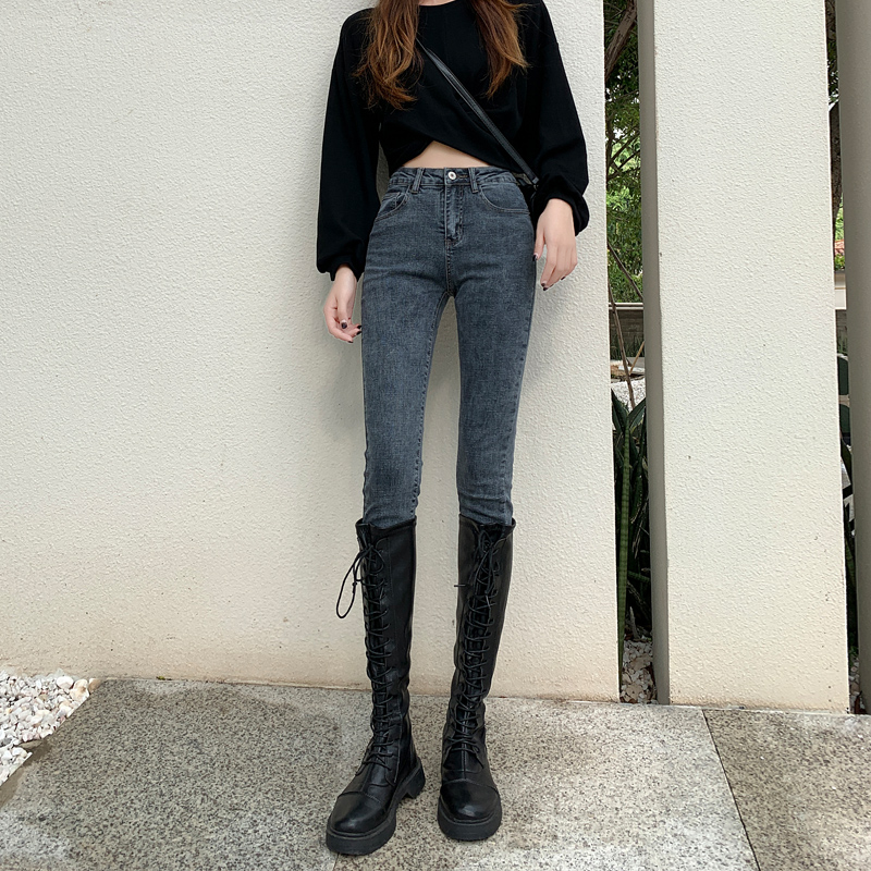 蓝灰色牛仔裤女春季2021新款高腰显瘦秋冬加绒紧身弹力铅笔小脚裤