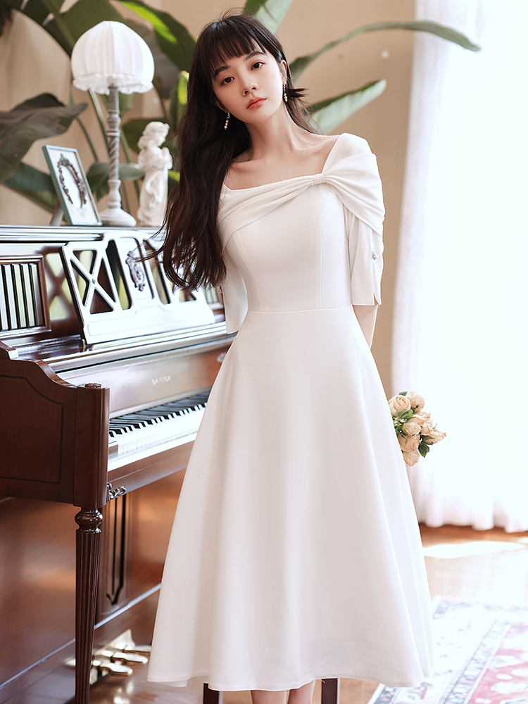 白色晚礼服轻奢小众高端生日名媛领证中长法式礼服