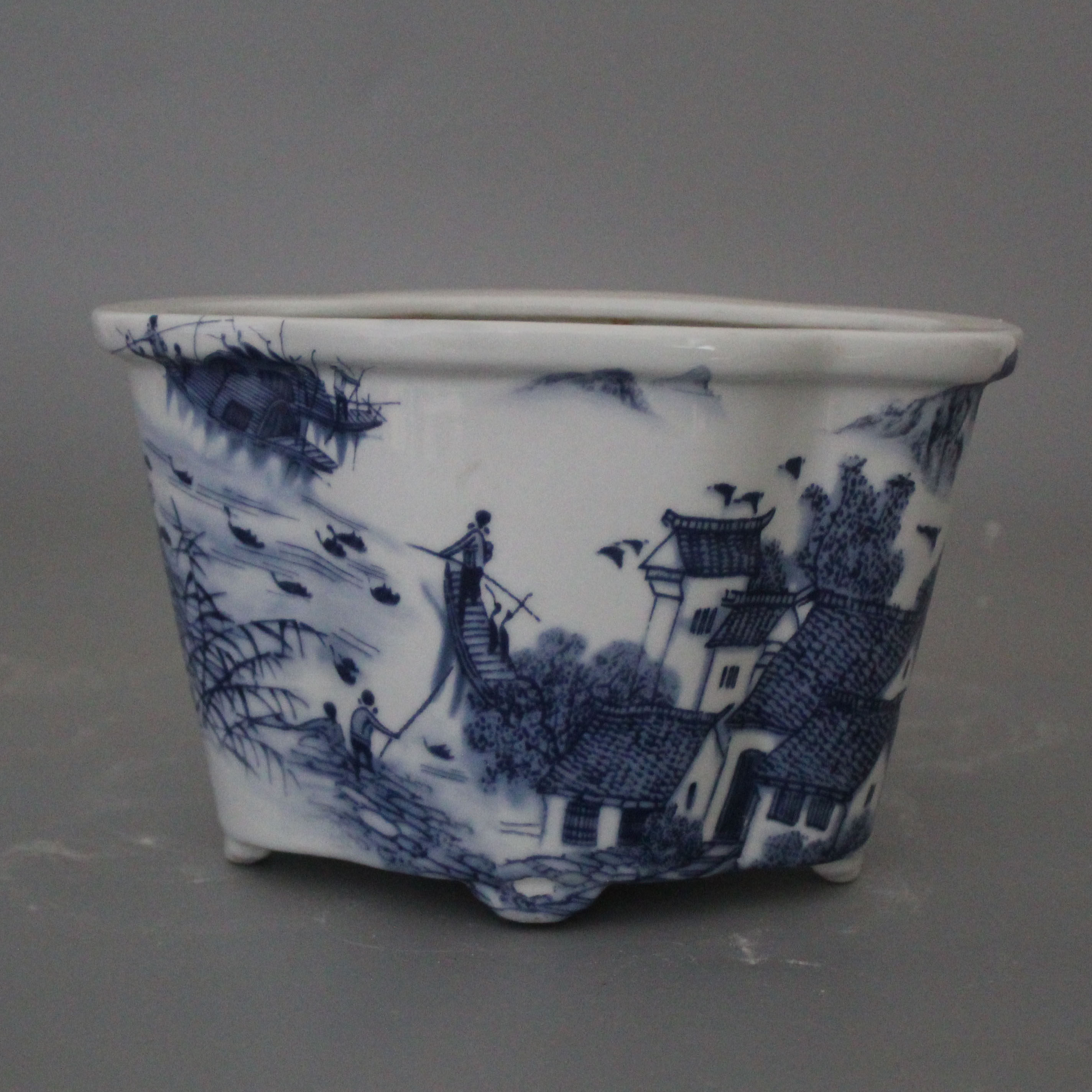 民国青花江南水乡花口花盆多肉植物盆景仿古中式瓷器古董古玩摆件