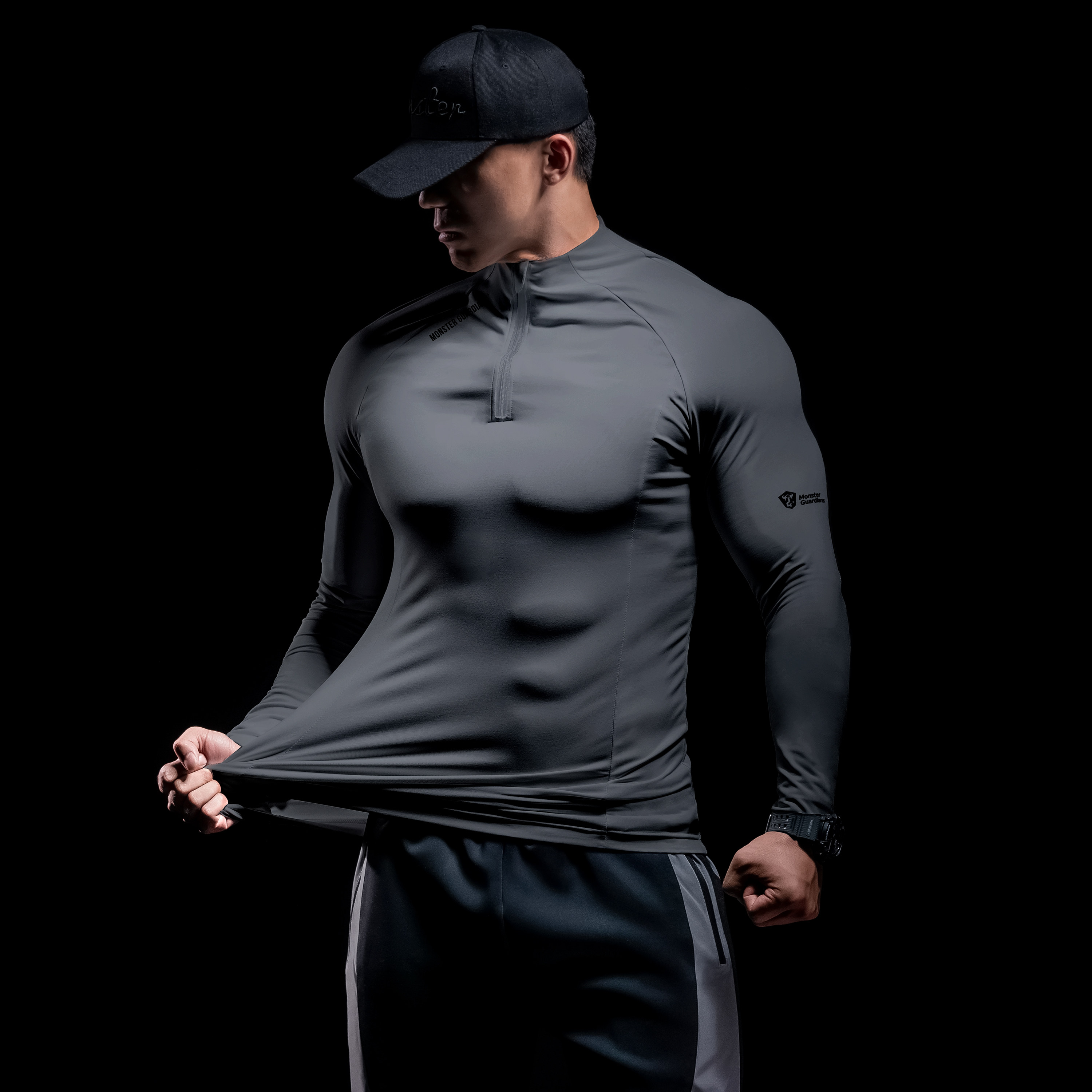 monsterguardians男子速干训练健身服长袖紧身衣半拉拉链健身衣
