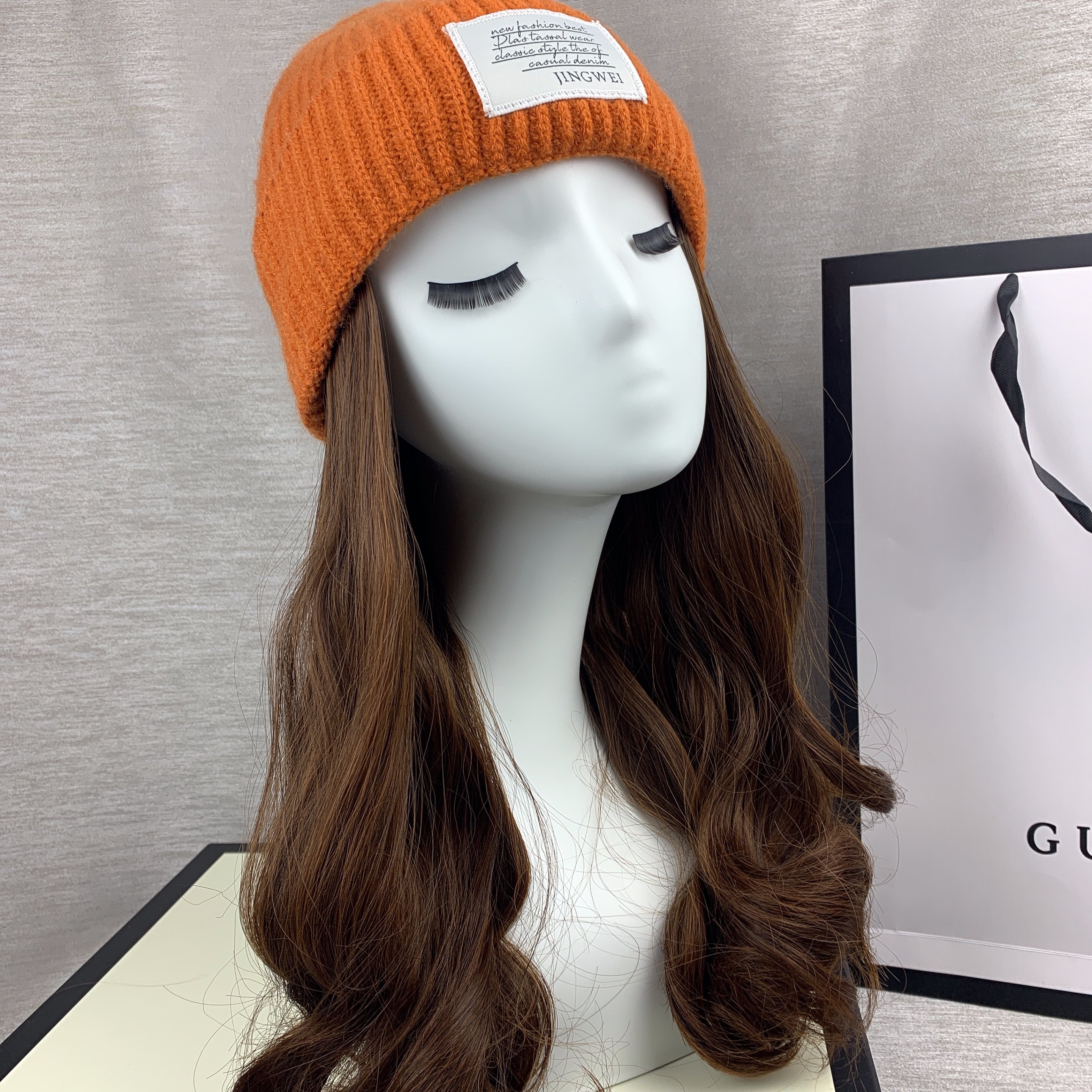 2021年新款百搭时尚冬季毛线帽可脱卸一体假发帽子