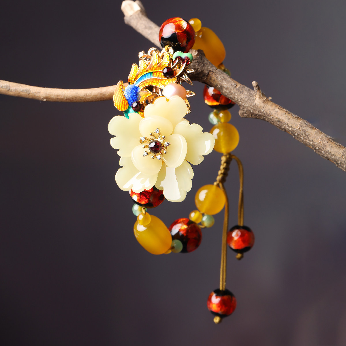 复古花朵琉璃手链古风超仙黄色手串手饰女中手链