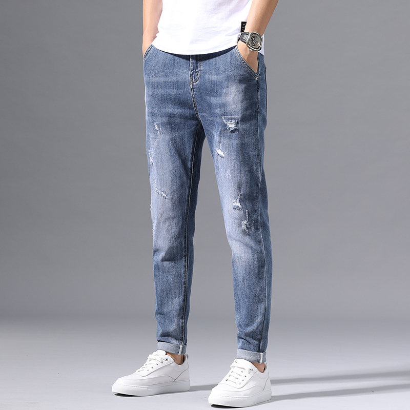 破洞牛仔裤男士夏季薄款浅色修身小脚香港高端潮流百搭休闲裤子男