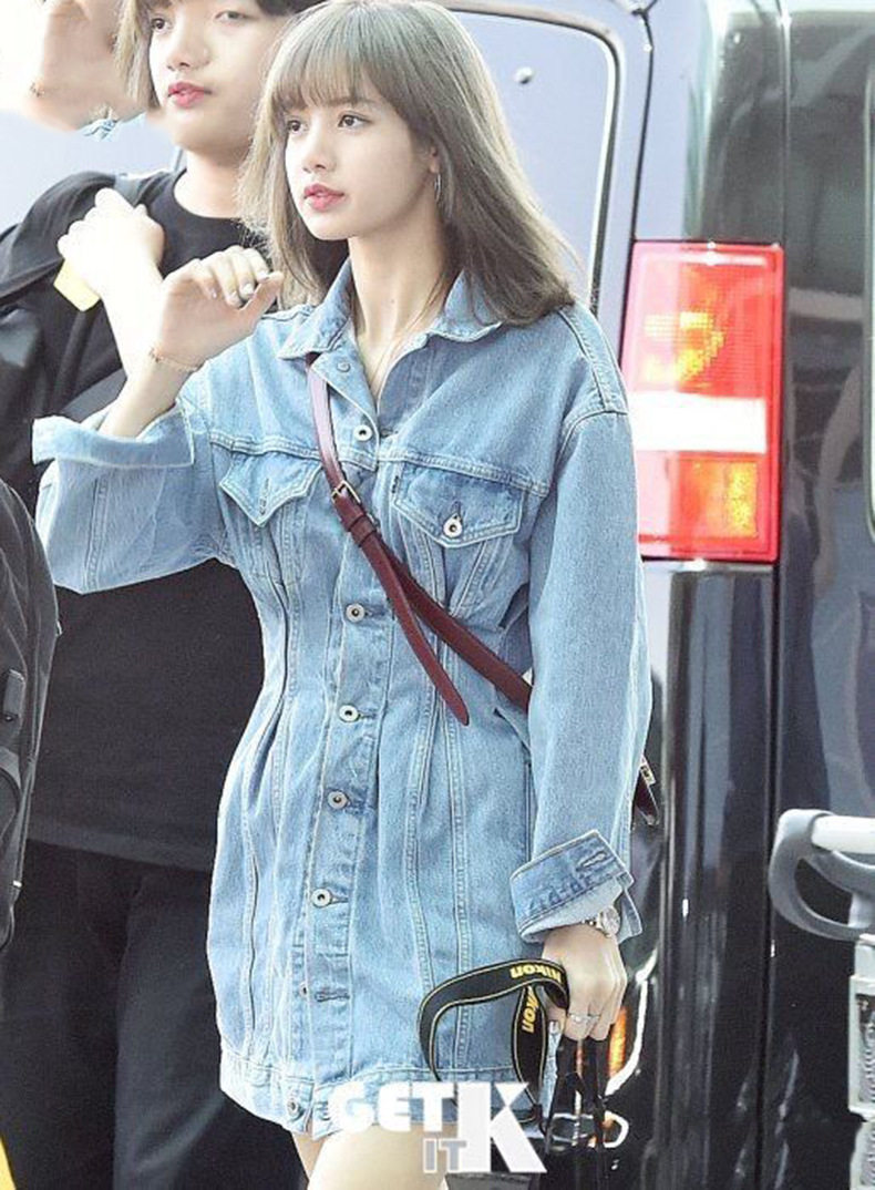 blackpink明星lisa同款牛仔收腰显瘦韩版长袖连衣裙连衣裙