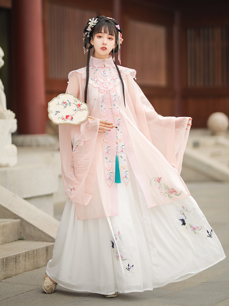 明制【鹤归音】原创汉服云肩套装女春夏立领长衫刺绣齐腰裙中国风