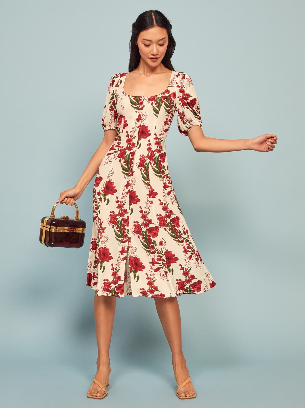 春夏自制reformation同款夏新法式气质方领碎花排扣连衣裙